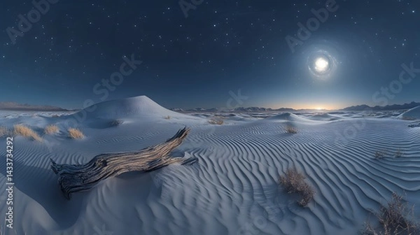 Obraz Surreal Nocturnal Panorama: Luminous Moon Illuminates Undulating Silver Dunes with Contrasting Patterns and a Lone Driftwood Evoking Quiet Introspection in the Desert