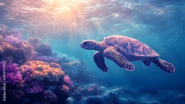 Obraz Enchanting Low Poly Underwater Vista Featuring a Majestic Sea Turtle and Luminous Coral Reefs Bathed in Diffused Sunlight