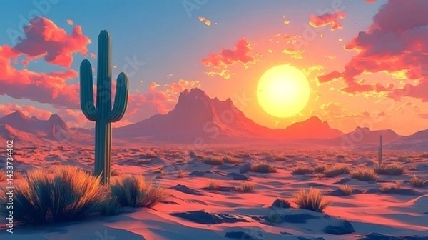 Obraz Immersive Low Poly Desert Scene with Vast Rolling Dunes, a Prominent Solitary Cactus, and Subtle Mountain Outlines Under a Scorching Sun