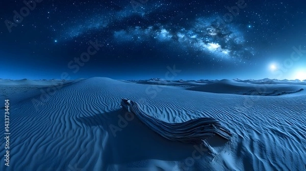 Obraz Enigmatic Moonlit Desert Landscape with Mesmerizing Sand Dunes and a Solitary Driftwood Branch Evoking Silent Isolation and Nocturnal Mysteries