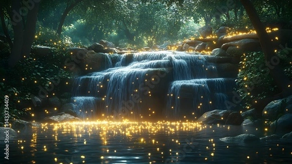 Obraz Enchanted Nocturnal Cascade: A Lush Spring Woodland Scene Featuring Sparkling Streams and Ephemeral Fireflies Painting Shimmering Paths in the Dark