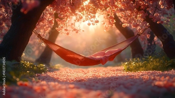 Obraz Early Morning Ethereal Scene of a Swinging Hammock amid Blooming Cherry-Blossom Trees with Floating Petals and a Soft Luminous Atmosphere