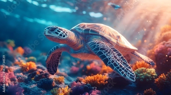 Obraz Calm Low Poly Underwater World Featuring a Graceful Sea Turtle and Radiant Coral Reefs Illuminated by Soft Sunbeams