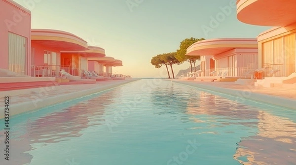 Obraz Retro Coastal Boulevard with Soft Pastel Architecture and Gentle Lighting Conjuring Timeless Summer Memories