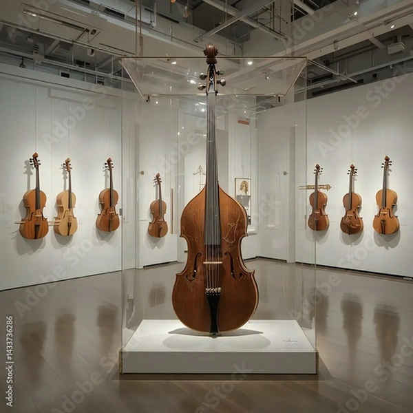 Fototapeta An isolated antique wood violin and bow rest on classical musical sheet music, suggesting a rich string instrument sound