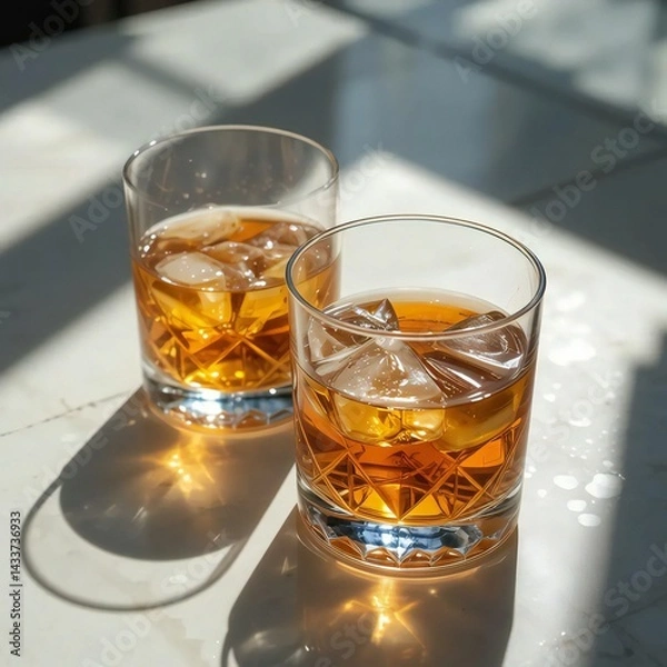 Fototapeta A brown liquid scotch in a short glass with ice rocks is an isolated alcoholic drink shot for the bar or party