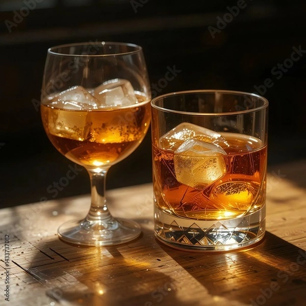 Fototapeta A gold liquid of cognac and brandy, similar to whiskey or scotch, with ice rocks in a glass for a cold alcoholic beverage at a bar