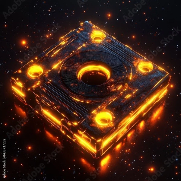 Fototapeta Glowing Orange Cassette Tape Unraveling in Neon Space