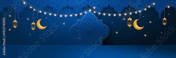 Fototapeta Mesmerizing Ramadan Background with Deep Blue Gradient Islamic Ornaments Golden Lanterns Soft Glowing Crescent Moon Enhancing Sacred Atmosphere of the Holy Month with Elegant Minimalistic Decorations