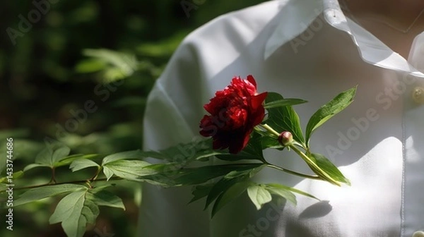 Fototapeta Red peony pinned on white shirt collar, symbolizing youthful energy in spring.
