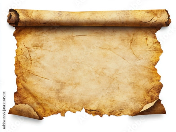 Fototapeta Ancient aged parchment scroll with burnt edges and weathered surface suitable for historical documents or medieval themed projects