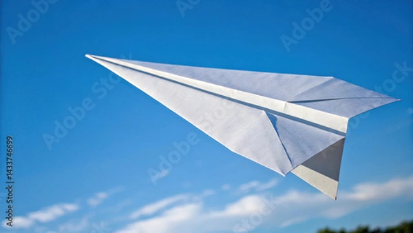 Fototapeta Paper airplane soars through clear blue sky, evoking sense of freedom and adventure