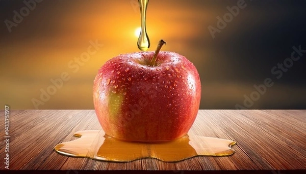 Obraz juice drips from an apple on a modern wooden table with a subtle gradient background and soft focus effect