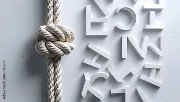 Fototapeta Isolated brown rope with a tied knot shows strong nautical texture on white