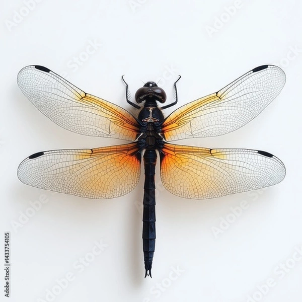 Fototapeta Black Dragonfly with Orange Wings on White Background Macro Photography
