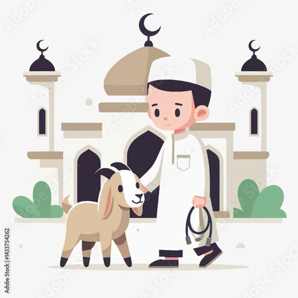 Fototapeta A cartoon illustration of a Muslim boy leading a goat in front of a mosque, likely for Eid al-Adha.