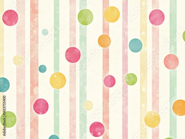 Fototapeta Colorful polka dots and vertical striped pattern in pastel shades for festive backgrounds, invitations, or cheerful designs in bright and playful style
