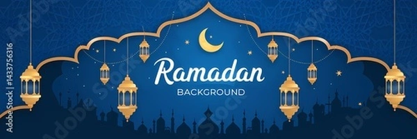 Obraz Mesmerizing Ramadan Background with Deep Blue Gradient Islamic Ornaments Golden Lanterns Soft Glowing Crescent Moon Enhancing Sacred Atmosphere of the Holy Month with Elegant Minimalistic Decorations