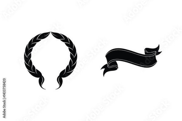 Fototapeta Black Vector Laurel Wreath And Ribbon Banner Decorative Design Elements Isolated