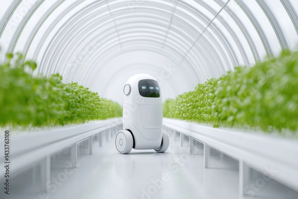 Fototapeta Agricultural robot assisting in a futuristic greenhouse, optimizing plant growth with technology