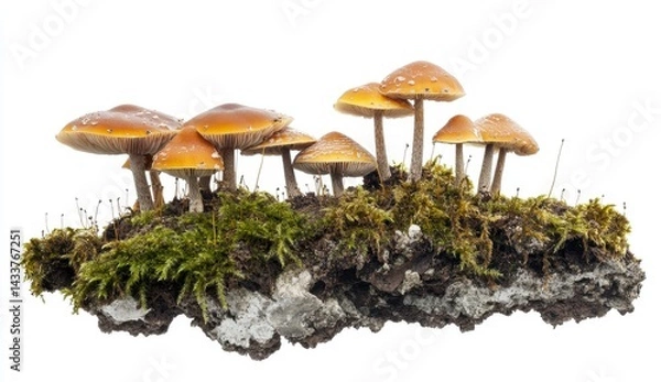 Obraz Cluster of Brown Mushrooms on Mossy Soil