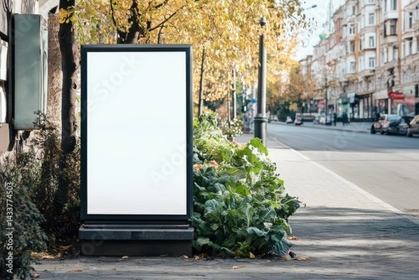 Fototapeta Blank advertising billboard on a city sidewalk, ready for promotion. Urban advertisement space with an empty poster to show a message