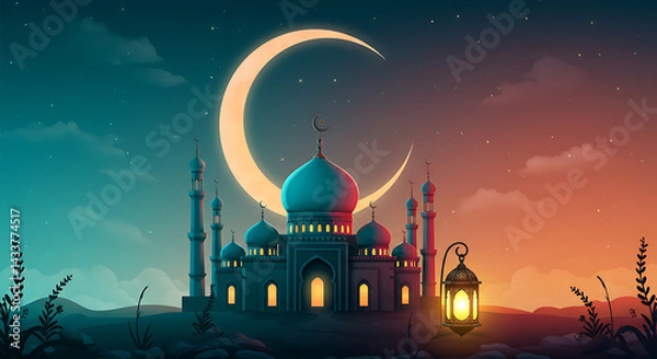 Obraz Mosque with Crescent Moon at Night