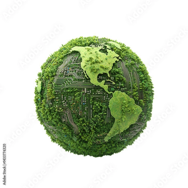 Fototapeta nature conservation concept. A globe made of greenery and circuit patterns symbolizes tech and nature. isolated on white background