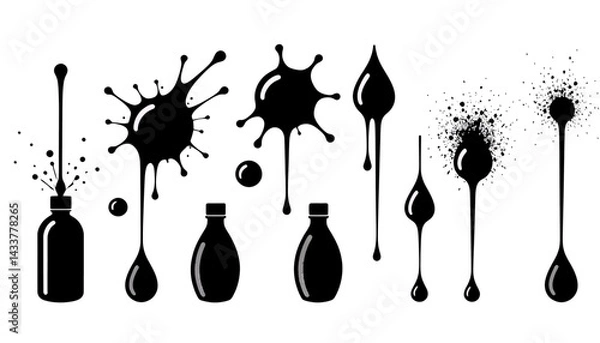 Fototapeta Black Ink Splatters and Liquid Drips_Vector Illustration of Paint Spill and Droplets_Grunge Design Elements for Creative Projects and Graphic Design_Artistic Inkblots