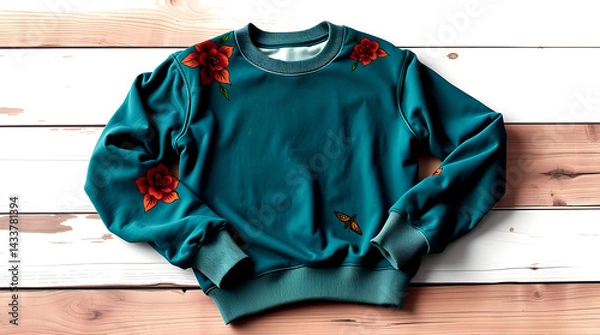 Fototapeta Vintage Blank Washed Sweatshirt Mockup Folded on Rustic Wood Table