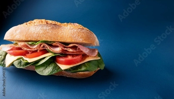 Fototapeta fresh baguette sandwich with bacon cheese tomatoes and spinach dark blue background copy space