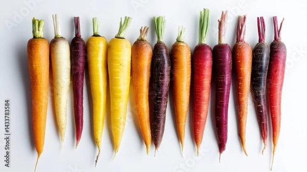 Fototapeta Colorful Variety of Fresh Carrots Displayed in a Straight Line on a Bright Background