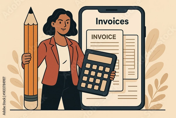 Fototapeta Woman with Calculator and Pencil Next to Smartphone Displaying Invoices