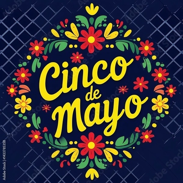 Fototapeta Vibrant Cinco de Mayo Celebration: Floral Frame and Script Typography on a Textured Background