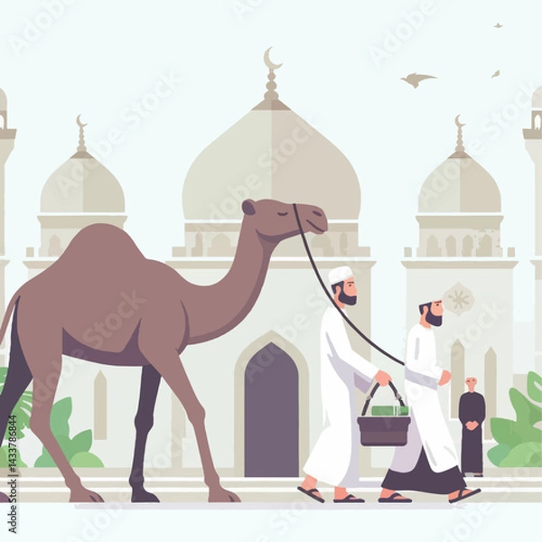 Fototapeta A camel, guided by two men, walks towards a mosque, likely during a pilgrimage.