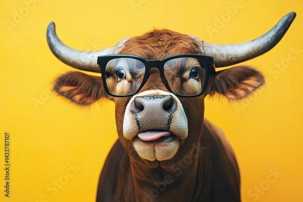 Fototapeta Funny surprised bull wearing glasses on vibrant background