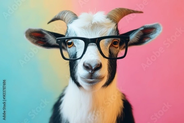 Fototapeta Funny surprised goat wearing glasses on bright background