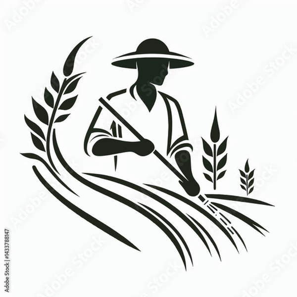 Fototapeta A stylized illustration of a farmer working a wheat field.