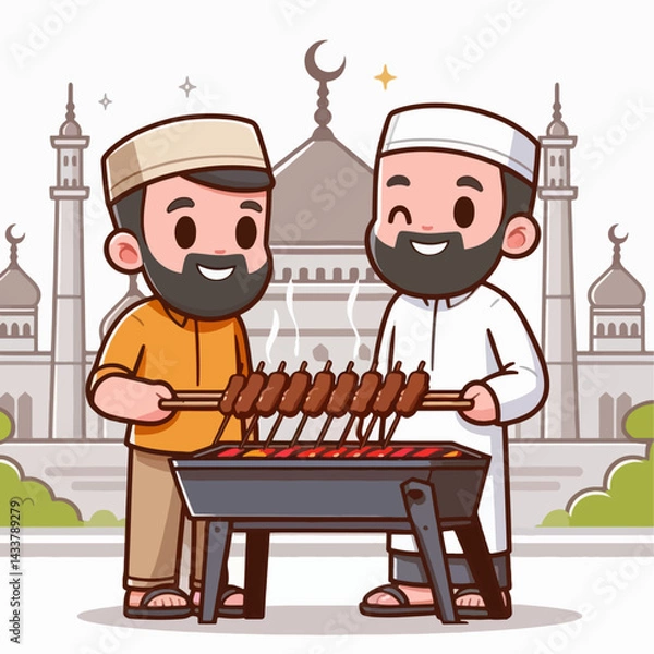 Fototapeta Two friends cooking kebabs in front of a mosque.
