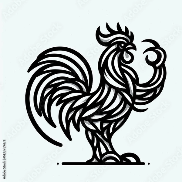 Fototapeta A bold, black and white line art rendering of a rooster, with elaborate feather details.