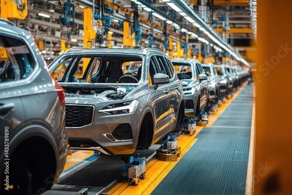 Fototapeta SUVs on automated assembly line in car factory