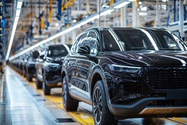 Fototapeta SUVs on automated assembly line in car factory