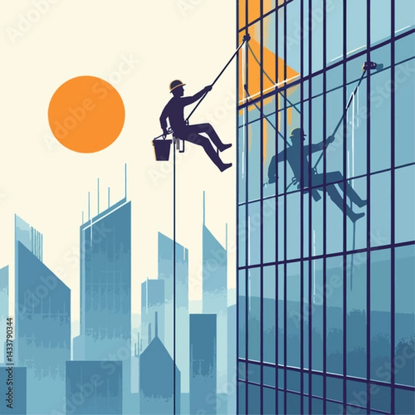 Fototapeta Illustrative depiction of window cleaners working high on a skyscraper.