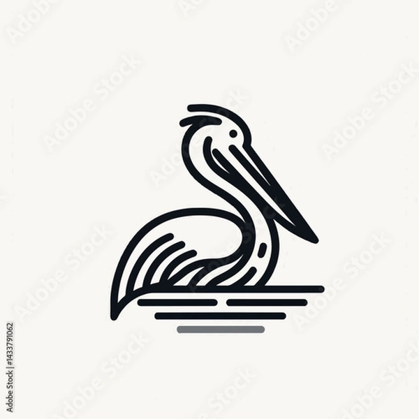 Fototapeta A simple, bold line art illustration of a pelican perched on the water's edge.