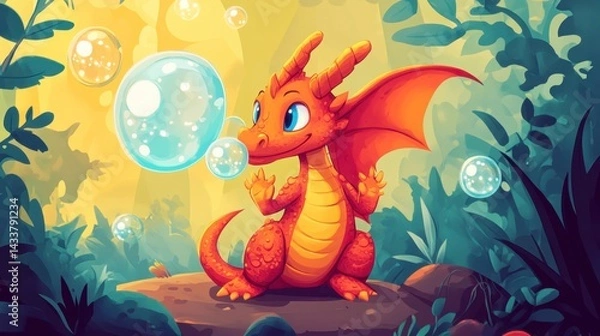 Fototapeta Cute Cartoon Dragon Blowing Bubbles in Lush Forest Environment