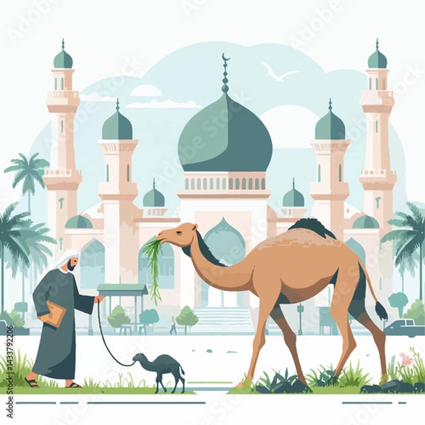Fototapeta A man and a camel in front of a mosque.