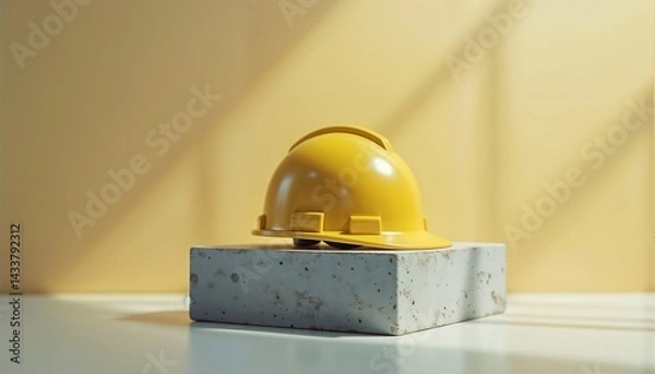 Obraz Yellow construction helmet on gray concrete block in soft light