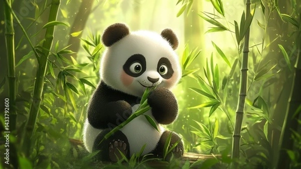 Fototapeta Cute Cartoon Panda Enjoying Bamboo in a Lush Green Forest Setting