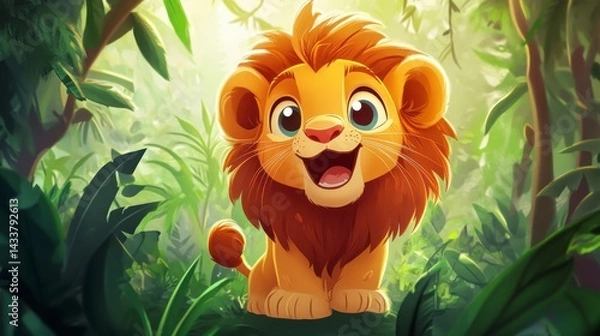 Fototapeta Cute Cartoon Lion in Lush Green Jungle Setting with Bright Expression