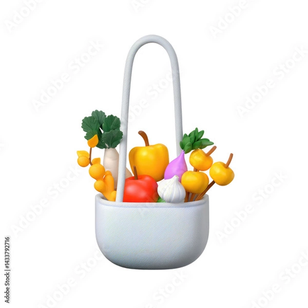 Fototapeta A delightful basket is filled with a variety of colorful vegetables and herbs, including bell peppers, carrots, and garlic. This artistic creation adds a fun touch to any kitchen decor